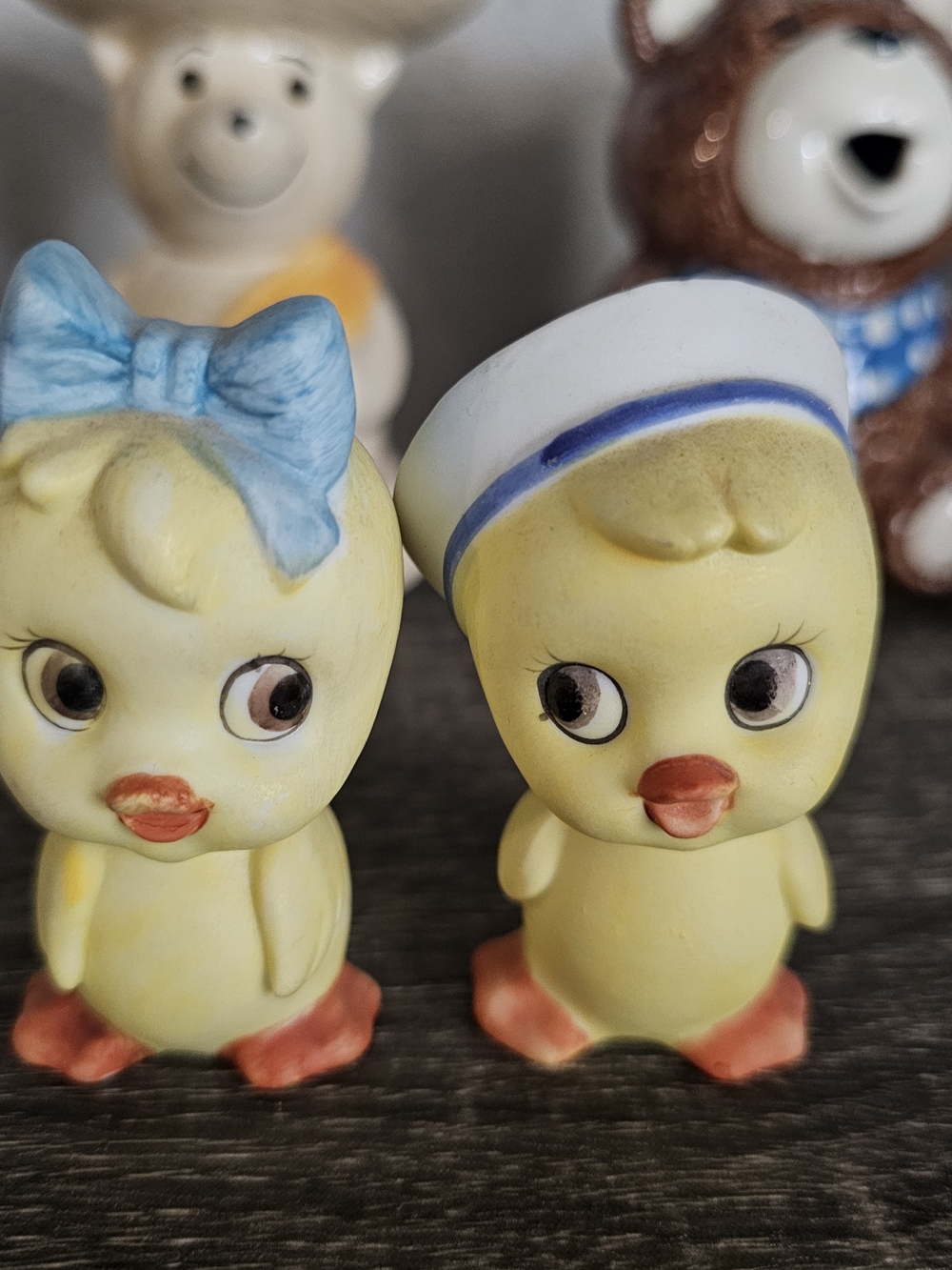 Lefton Yellow Duck Salt and Pepper Shakers with Blue Accents
